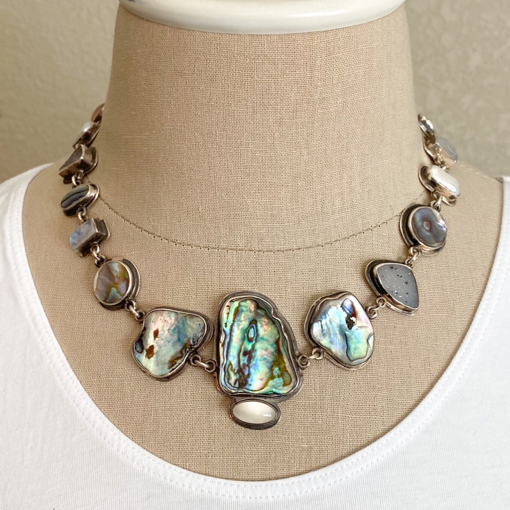 Tabra necklace w/ abalone, moonstone, druzy, pearl